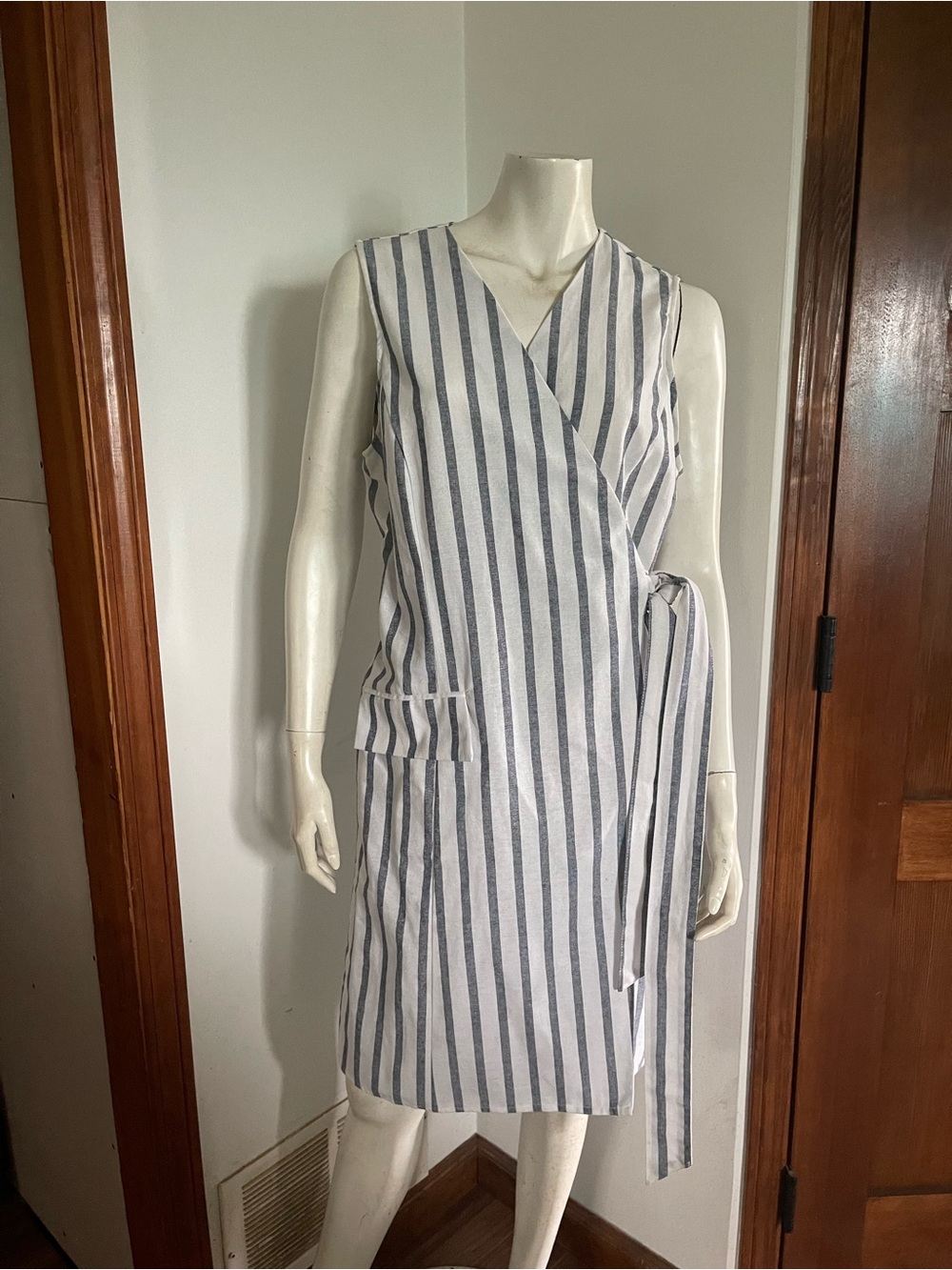 65% linen / 35% cotton Striped Sleeveless Wrap Midi Dress in Blue and White